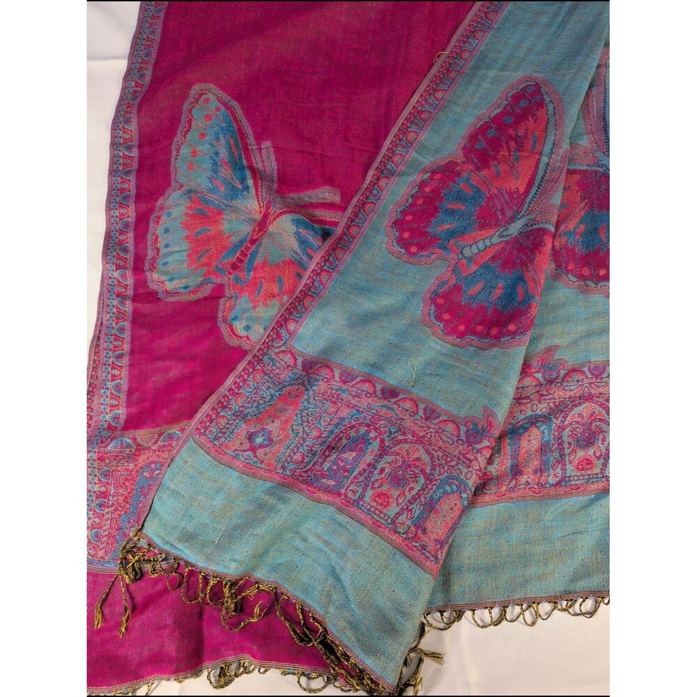 Large Woven Pashmina Shawl Wrap Fuchsia Teal Butterfly Mughal Border Reversible